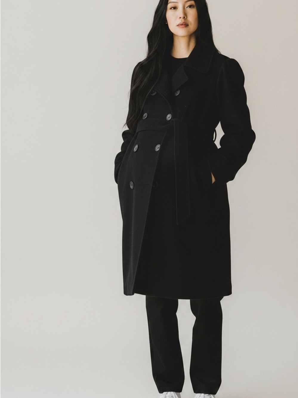 Maternity Liz Lange M Black Double-Breasted BeltedWool Coat - Women's Jacket